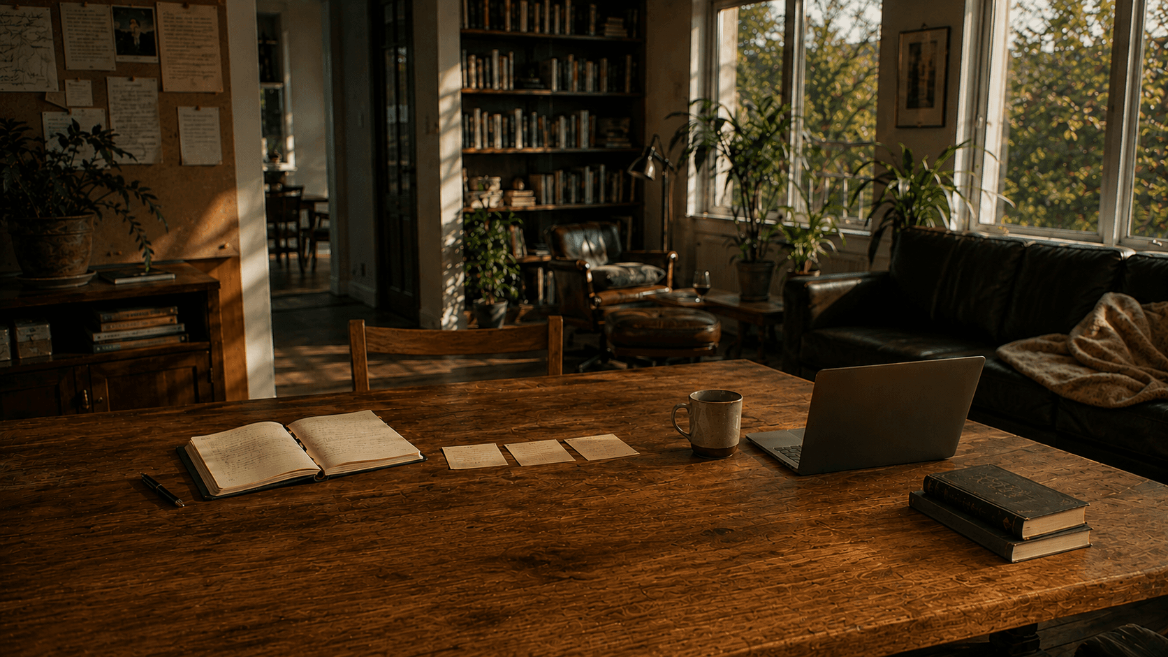 A lived-in study with notebooks, working papers, a laptop, and research materials gathered over time.